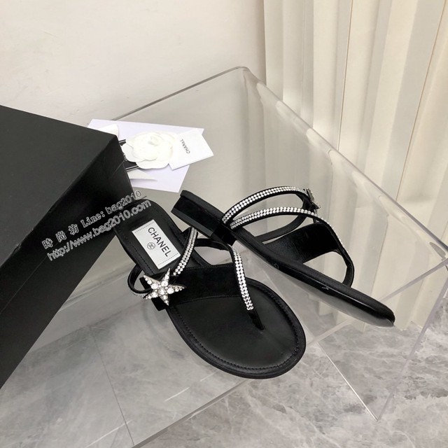 chanel2022最新爆款涼拖鞋 香奈兒本季最仙水鑽蝴蝶結夾趾涼鞋 dx3532